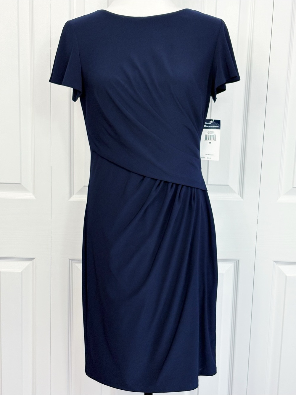 NWT Chaps Midnight Navy Blue Jersey Knit Flutter Sleeve Sheath Dress Medium